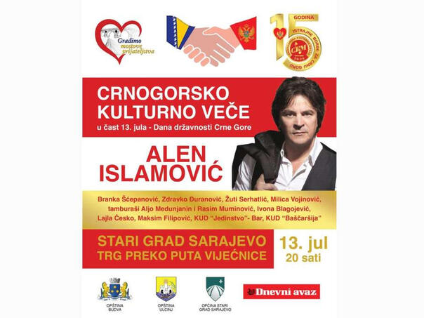 Večeras koncert Alena Islamovića i crnogorsko kulturno večer na trgu ispred Vijećnice